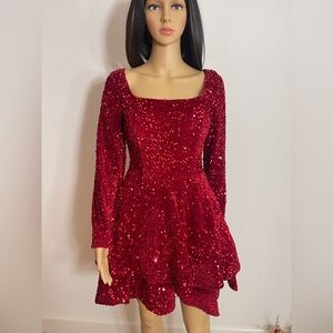 Glamorous Long Sleeve Red Sequin Dress
